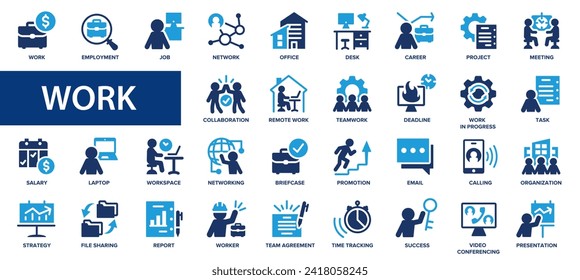 Work flat icons set. Career, office, employment, teamwork, meeting, organization icons and more signs. Flat icon collection.