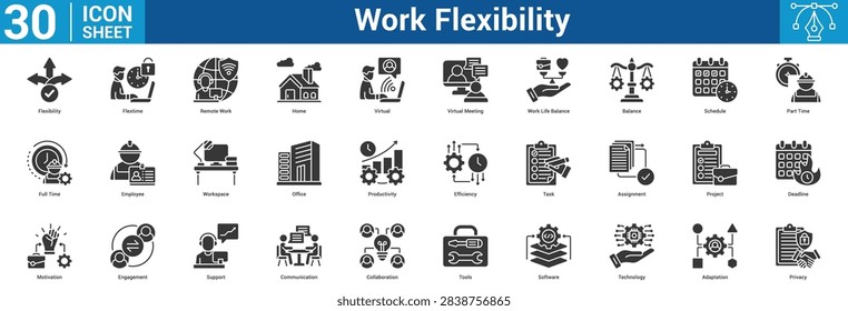 Work Flexibility editable icon set vector illustration concept for business with icon of Flexibility, Flextime, Remote Work, Home, Virtual, Virtual Meeting, Work Life Balance, Balance, Schedule, Par.