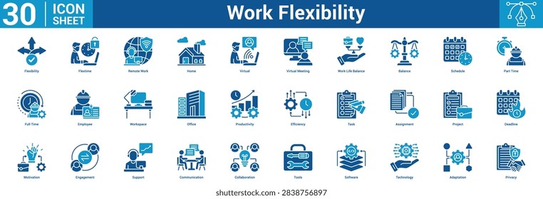 Work Flexibility editable icon set vector illustration concept for business with icon of Flexibility, Flextime, Remote Work, Home, Virtual, Virtual Meeting, Work Life Balance, Balance, Schedule, Par.