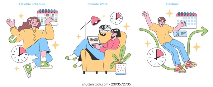 Work flexibility set. Enthusiastic individuals enjoying a flexible schedule, remote working, and flextime benefits. Adaptable work hours, home office perks, and employee freedom. vector illustration.