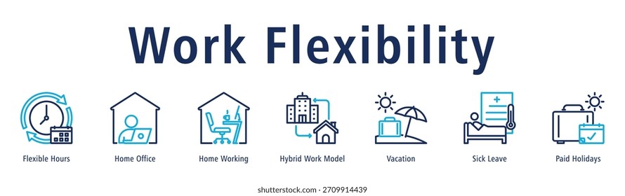 Concepto de Ilustración vectorial de ícono de Anuncio de Web de flexibilidad laboral con ícono de horas flexibles, oficina en el hogar, trabajo en el hogar, modelo de trabajo híbrido, vacaciones, licencia por enfermedad y vacaciones pagadas.