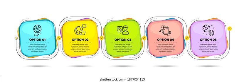 Work, Flights application and 5g technology line icons set. Timeline process flowchart. Repairman sign. Settings, Airport app, Quality wi-fi. Repair service. Technology set. Vector
