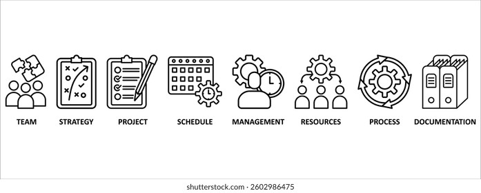 Work flow banner web icon vector illustration concept with icon of team, strategy, project, schedule, management, resources, process, documentation