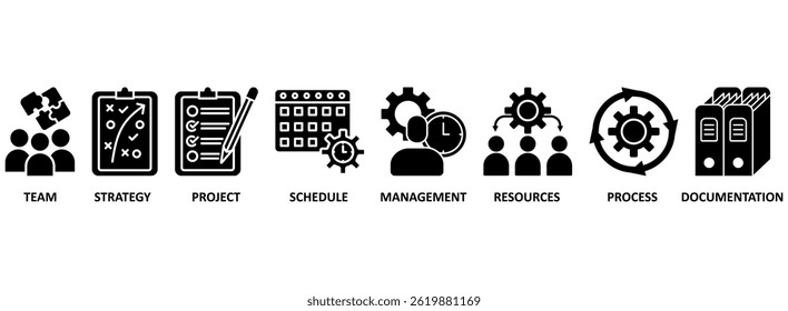 Workflow-Banner Web-Symbol Vektorgrafik-Konzept mit Symbol für Team, Strategie, Projekt, Zeitplan, Management, Ressourcen, Prozess, Dokumentation