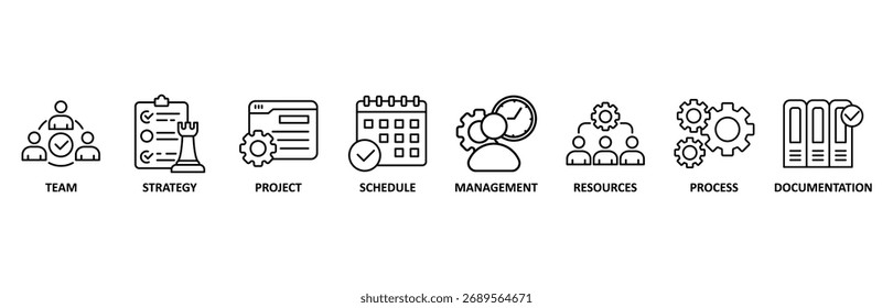 Fluxo de trabalho banner web icon vetor illustration for icon of team, strategy, project, schedule, management, resources, process, documentation (Ilustração de vetor de ícone da Web do fluxo de trabalho para o ícone de equipe, estratégia, projeto, cronograma, gerenciamento, recursos, processo, documentação)