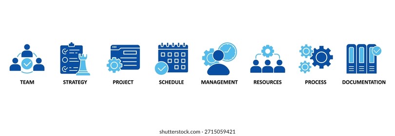 Workflow-Banner Web-Symbol-Set In Blue Style Vektorgrafik für das Symbol von Team, Strategie, Projekt, Zeitplan, Management, Ressourcen, Prozess, Dokumentation