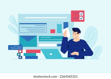 Work flow blue concept with people scene in the flat cartoon design. Employee complete the different tasks in the office. Vector illustration.