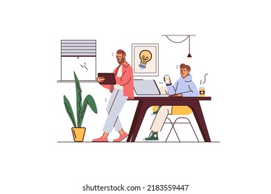 Work flow concept with people scene in flat cartoon design. Men work in the office and perform tasks using digital devices. Vector illustration.