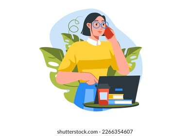 Work flow concept with people scene in the flat cartoon style. Girl works on a laptop and communicates with different people on the phone. Vector illustration.