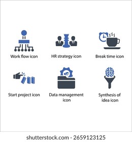 Flujo de trabajo, Estrategia de recursos humanos, Tiempo de descanso, Iniciar proyecto, Gestión de datos, Síntesis de idea, icono