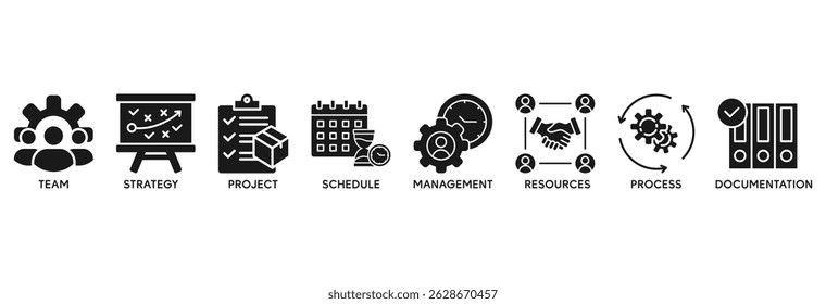 Work flow icon set vector illustration concept relate to team, strategy, project, schedule, management, resources, process, documentation