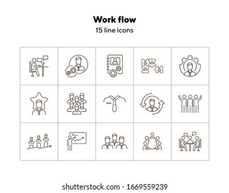 Work flow icons. Puzzle of workers, diagram, men speaking. Job concept. Vector illustration can be used for topics like work, business, job