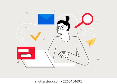 Concepto de línea de flujo de trabajo con la escena de personas en el diseño de dibujos planos. Las niñas trabajan duro en una atmósfera de trabajo. Ilustración vectorial.