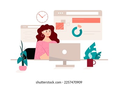 El concepto de flujo de trabajo rosa con la escena de la gente en el estilo de dibujos planos. La niña necesita completar muchas tareas, así que pasa mucho tiempo en la computadora. Ilustración vectorial.