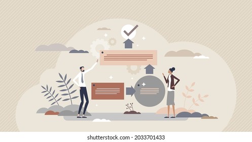 Work flow procedure and company standard steps completion tiny person concept. Effective performance with job monitoring and progress control vector illustration. Planning best development strategy.