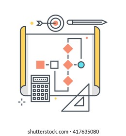 Work flow process concept illustration, icon, background and graphics. The illustration is colorful, flat, vector, pixel perfect, suitable for web and print. It is linear stokes and fills.