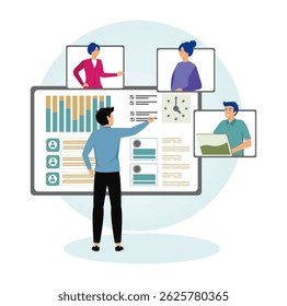 Work flow process concept. Virtual team collaboration with profile images, data charts, and tools for project management, emphasizing communication, technology, and professional teamwork.