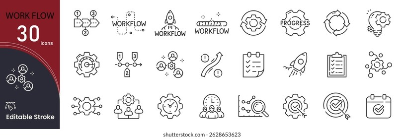Coleções de ícones relacionados ao Fluxo de Trabalho. Contendo ícones de Workflow, Processo, Tarefa, Programação, Cronograma, Plano, Etapa, Operação, Sistema e Andamento. Traço editável . Ícone Contorno.