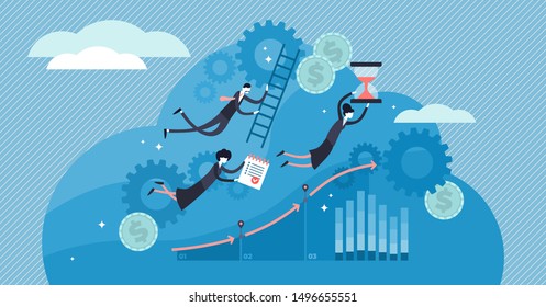 Work Flow Vector Illustration. Flat Tiny Work Organization Persons Concept. Abstract Activity Process Development With Labor Division And Delegation Of Responsibility. Project Teamwork Strategy Model.