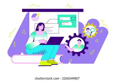 Work flow violet concept with people scene in the flat cartoon style. Manager works with his colleagues online. Vector illustration.