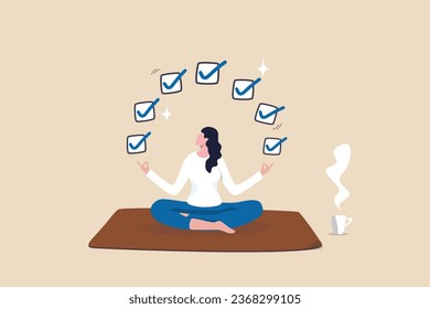 Work focus, concentration to complete tasks, efficiency or productivity success, multitasking, organize or planning to finish work concept, businesswoman meditate focus on work completed checkbox.