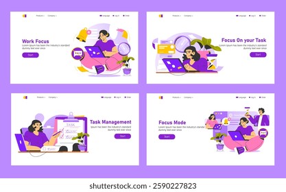 Work focus concept illustrating individuals engaged in various tasks to enhance productivity. Visual elements communicate concentration, task management, and efficient work habits in a digital