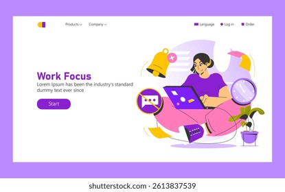 Work Focus concept. This illustration captures a person engaged in task-oriented activities, promoting concentration and productivity. It reveals elements that represent time management and workplace