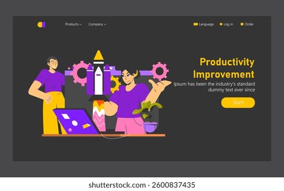 Work Focus Illustration. The design reflects teamwork and productivity enhancement in a modern environment. Characters engage with tools and technology to optimize workflow and foster innovation