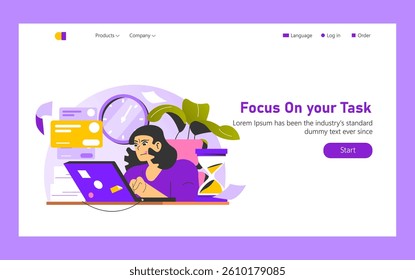 Work focus illustration highlighting productivity in a modern workspace. Features a person engaged with a laptop, surrounded by time management tools and a calming plant. Emphasizes concentration and
