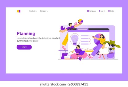 Work focus illustration shows individuals collaboratively planning and brainstorming. Dynamic characters engage with technology and charts, emphasizing teamwork and productivity in a modern workspace