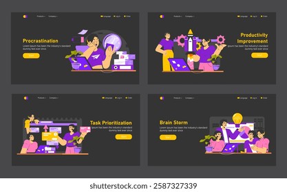 Work focus themes are explored through procrastination, productivity improvement, task prioritization, and brainstorming strategies to enhance efficiency and collaboration in daily tasks. Vector