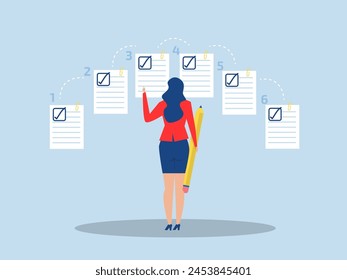 Work focus, woman manage priority task document for efficiency or productivity success, multitasking, organize or planning to finish work concept,