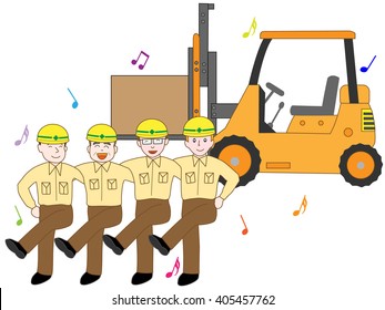 I work with a forklift. Good workers of the teamwork.