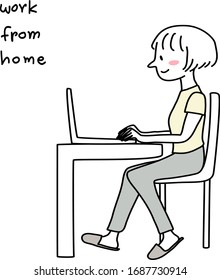 Work Form Home concept with cute girl sitting at desk, staring at computer screen and typing on keyboard for some paperwork. Happy woman doing her work from home. Woman sitting and studying at desk.