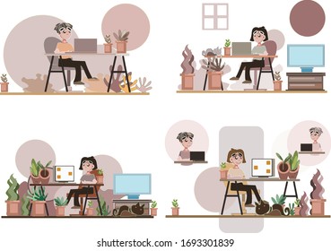 work form Home Office modern flat vector concept digital illustration home office metaphor, a freelancer girl working at home coronavirus
Pandemic