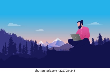 Work freedom - Person working on computer anywhere remotely, sitting in nature landscape typing and looking at screen. Vector illustration