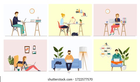 Work, freelance or study at home. Freelancers and students working on laptops, sitting at desk and in cozy armchair. Self-employed young women and men working in apartments. Vector set