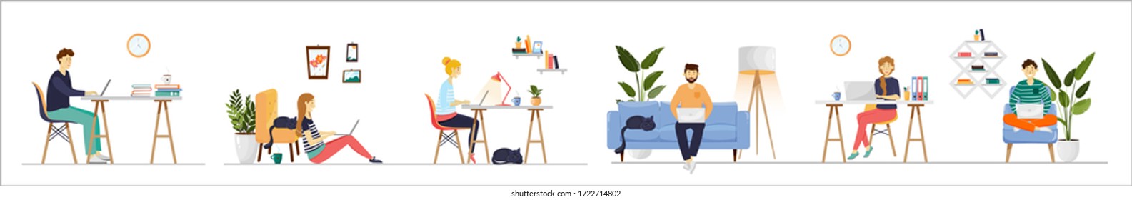 Work, freelance or study at home. Freelancers and students working on laptops, sitting at desk and in cozy armchair. Self-employed young women and men working in apartments. Vector set. Coworking