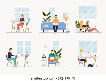 Work, freelance or study at home. Freelancers and students working on laptops, sitting at desk and in cozy armchair. Self-employed young women and men working in apartments. Vector set. Coworking