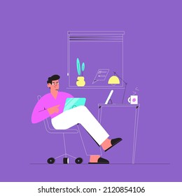 Work, freelance or study at home. Man working on laptop, sitting at the desk. Remote work and home office concept. Vector illustration in flat and line style