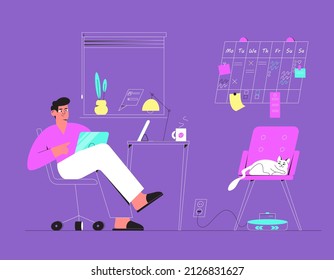 Work, freelance or study at home. Man working on laptop, sitting at the desk. Remote work and home office concept. Vector illustration in flat and line style