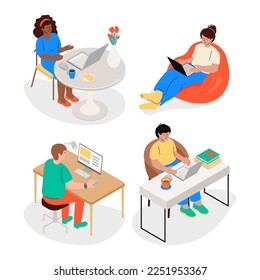 Work as a freelancer - flat design style illustration set. High quality colorful images of remote workers and international team. Online, laptop, modern office, internet, lifestyle and coffee break