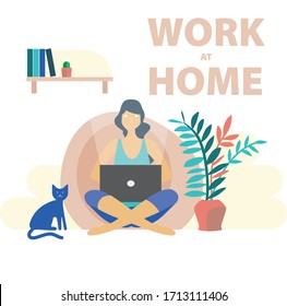 The work of a freelancer. Vector illustration of work at home. Remote work at the time of isolation. Home office in a cozy environment.