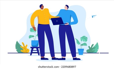 Work friendship - Two people of different ethnicities in office being friends. Cartoon vector illustration in flat design with white background