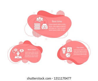 Work, fun and rest time concept illustrations. Daily routine infographic template. Fluid elements with text and linear icons. Three wavy bubbles steps. Presentation, banner report vector cliparts