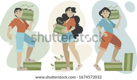 Work in the garden. Girls and a guy holding a box with seedlings. Set of vector illustrations