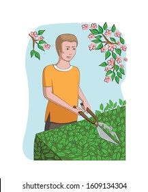 Work in the garden. A man is cutting a hedge with clippers. Design element. Vector illustration.