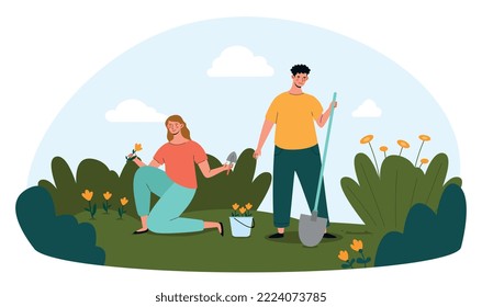 Work in garden. Man and woman with shovel collect flowers and plants. Poster or banner for website. Countryside and village, farming. Young happy family on nature. Cartoon flat vector illustration