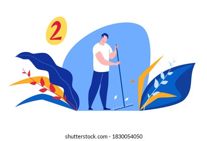 Work in the garden or park. A gardener character rakes leaves. Vector flat cartoon illustration.