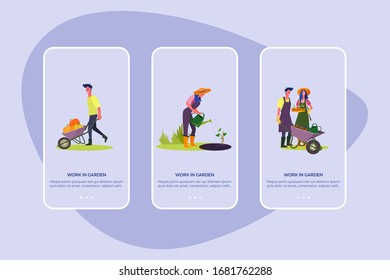 Work in garden set. Couples planting seedlings, gathering harvest, country house facade . Flat vector illustrations. Farming, outdoor activity concept for banner, website design or landing web page